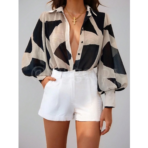 Beige Sheer Abstract Print Button Up Shirt Long Bishop Sleeve - Picture 5 of 7